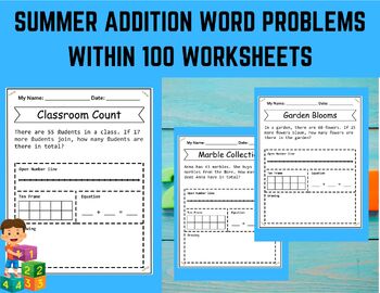 Preview of Summer Addition Word Problems within 100 Worksheets