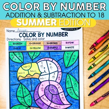 Preview of Summer Coloring Pages - Addition and Subtraction to 18 Color by Number