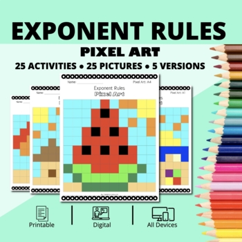 Preview of Summer: Algebra Exponent Rules Pixel Art Activity