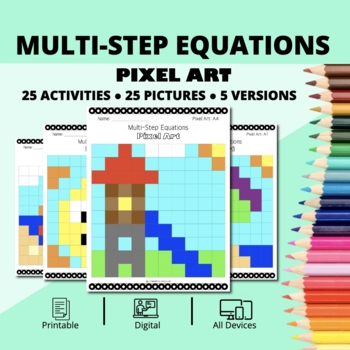 Preview of Summer: Algebra Multi-Step Equations Pixel Art Activity