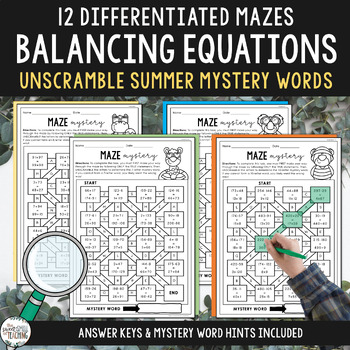 Preview of Summer Balancing Equations Activities for Grades 4 & 5, Maze Mystery Worksheets