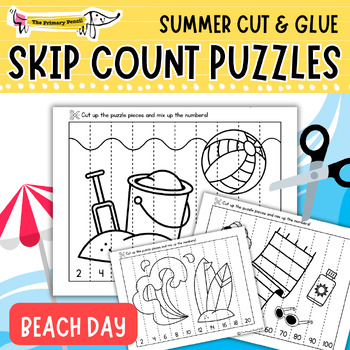Preview of Summer Beach Day! Hands-On Math Center | Skip Counting Cut & Glue Number Puzzles