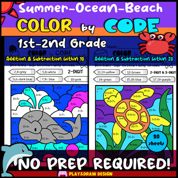 Preview of Summer-Beach-Ocean Color by Code. 1st-2nd grade. NO PREP! End of year math test.