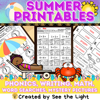 Preview of Summer Beach & Ocean Reading, Phonics, Math, Word Search 1st Grade Morning Work