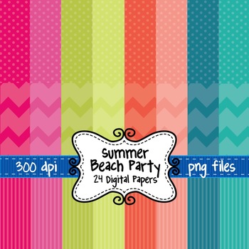 Preview of Summer Beach Party Digital Background Papers in Chevron, Polka Dots, and Stripes
