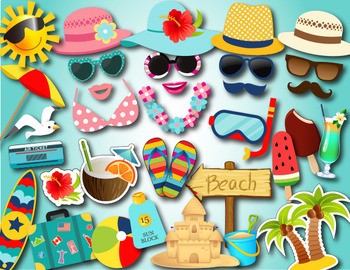 Preview of Summer Beach Party Photo Booth Props Beach Vacation Summer Fun Photobooth Prop
