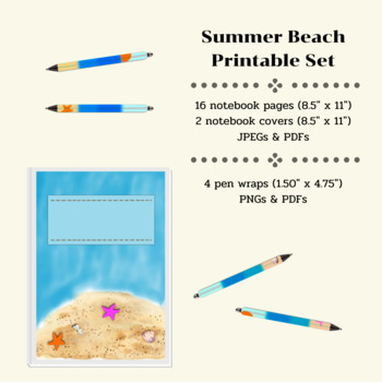 Preview of Summer Beach Printable Set : 2 Journal Covers, 16 Pages, and 4 Pen Wraps
