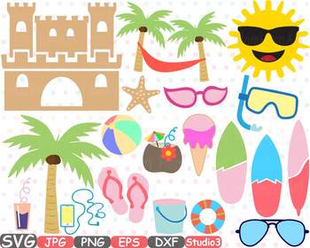 Preview of Summer Beach SVG Sun clipart Sand Castle Surfboard Palm tree sea ice cream -687s