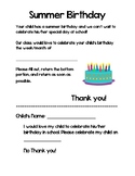 Summer Birthday Classroom Celebration Letter