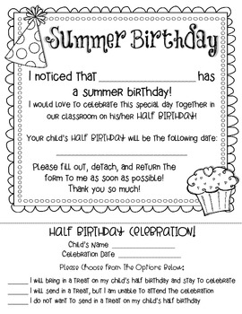Preview of Summer Birthday - Half Birthday Celebration Form {Free}