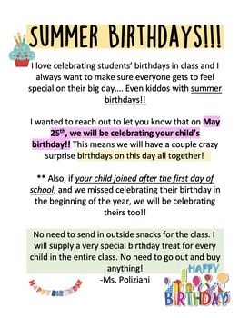 Preview of Summer Birthdays - Parent Take Home Letter