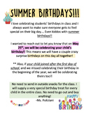 Summer Birthdays - Parent Take Home Letter