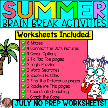 Summer Brain Break Activities and NO PREP Worksheets for July | TPT