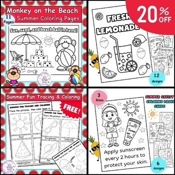 Preview of SUMMER vacation Coloring sheets / Pages & Sun Safety Cards for kids-- Activities