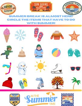 Preview of Summer Break is almost here! Circle the Summer items fun activity worksheet!