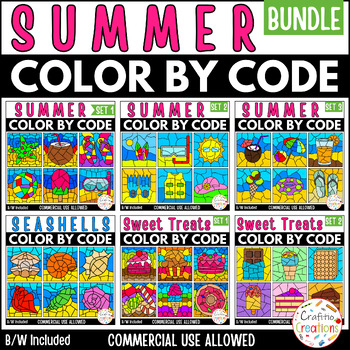 Preview of Summer Bundle Color by Code Clipart | Summer Templates