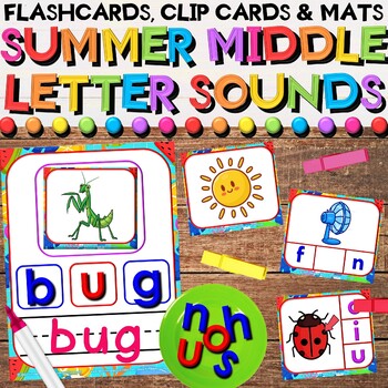 Preview of Summer CVC Middle Letter Sounds - Clip Cards, Flashcards, & Play Activities