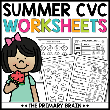 Preview of Summer CVC Words Worksheets | Kindergarten and First Grade Review Packet