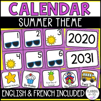 Preview of Summer Calendar Numbers and Pieces for June, July, or August | English & French
