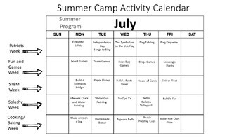 Summer Camp Activities Editable Calendar Template | TPT