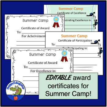 Summer Camp Award Certificates Editable by HappyEdugator TpT