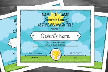 Preview of Summer Camp Certificate or Award Template for Kids - Digital Download