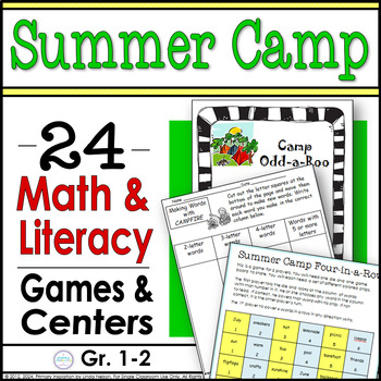 Preview of Summer Camp Literacy and Math - Camping Theme Activities EOY June Activities