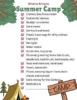 Summer Camp Packing List by Nutrition FACS | TPT