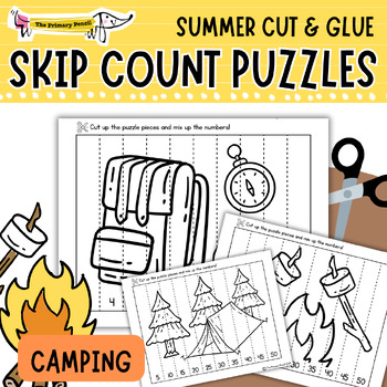 Preview of Summer Camping Hands-On Math Center | Skip Counting Cut & Glue Number Puzzles
