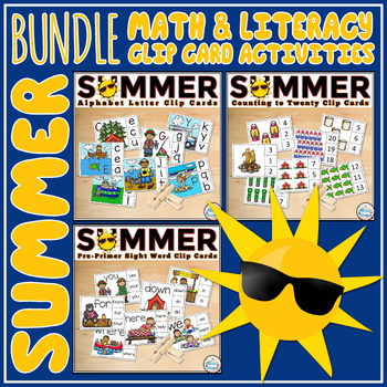 Preview of Summer Fine Motor Clip Card Bundle Math and Literacy Center Activities