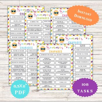 Preview of Summer Charades Game, Printable Activities, Pool Party Family Fun End Of School