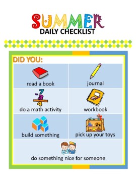 Summer Checklist - PreK (blue/green) by Olivia Forney | TPT