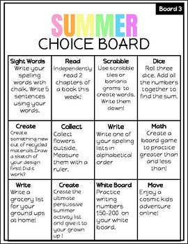 Summer Choice Board by Kinesthetic Kinders | TPT