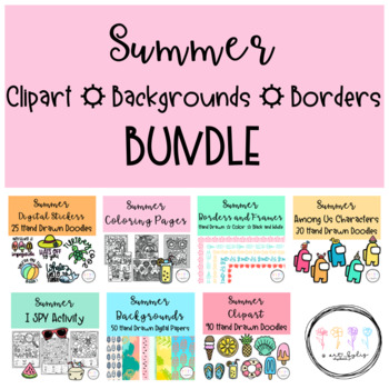 Preview of Summer Clipart, Backgrounds, Borders, & Digital Stickers Set BUNDLE