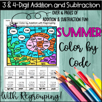 Preview of Summer Color By 3 & 4-Digit Addition & Subtraction with Regrouping