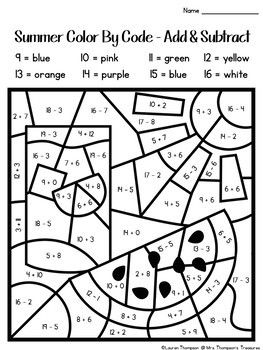 Summer Coloring Pages Color By Code First Grade by Mrs Thompson's Treasures