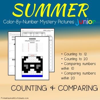Preview of Summer Kindergarten Packet, Greater Than Less Than Summer Counting Worksheet