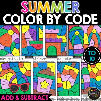 Preview of Summer Color by Code | Addition and Subtraction to 10 End of Year | 16 Pictures