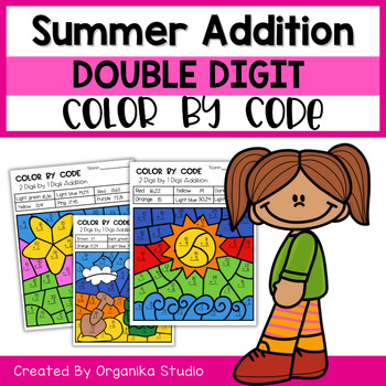 Preview of Summer Color by Number 2-Digit Plus 1-Digit Addition| Summer Coloring Pages
