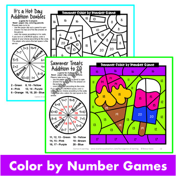 summer color by number addition games by games 4 learning tpt
