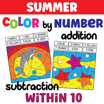 Preview of Summer - Color by Number, Addition and Subtraction within 10, Kindergarten Math