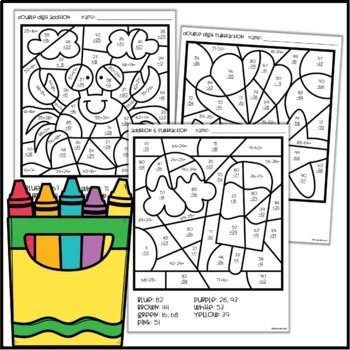 summer color by number pictures double digit addition subtraction