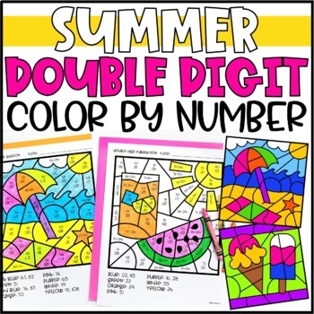 Preview of Summer Color by Number Pictures Double Digit Addition & Subtraction