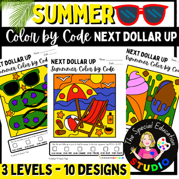 Preview of Summer Color by Number Special Education Life Skills Money dollar up ESY Math