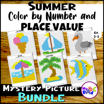 Preview of Summer Color by Number and Place Value Mystery Picture Activities BUNDLE