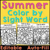 Summer Coloring Pages Color by Sight Word Editable and Auto-Fill