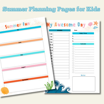 Preview of Summer Colorful Kids Planning Pages | Daily Planner | Printable 2 Page PDF