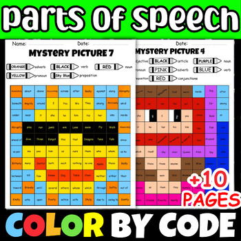 Preview of Summer Grammar Coloring Activities Parts of Speech Color by Code June Mystery 