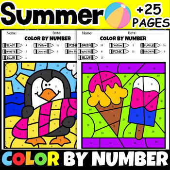 Preview of Summer Coloring Pages 1-20 Color By Number May Math Color By Number Activities