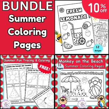 Preview of Summer Coloring Pages Activity: Summer Beach Coloring Sheets + Cards + FREEBIE